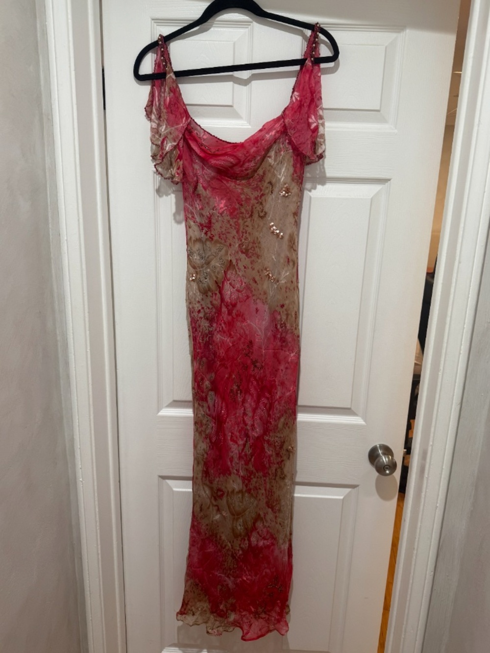Vintage Victoria Royal Silk Maxi Dress Pink Floral Off Shoulder Size 6